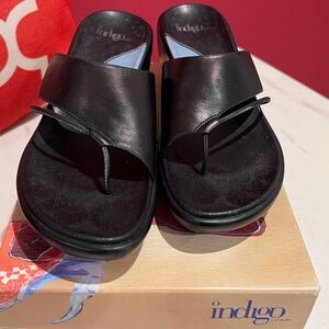 Indigo Black Leather Thong Wedge Sandals